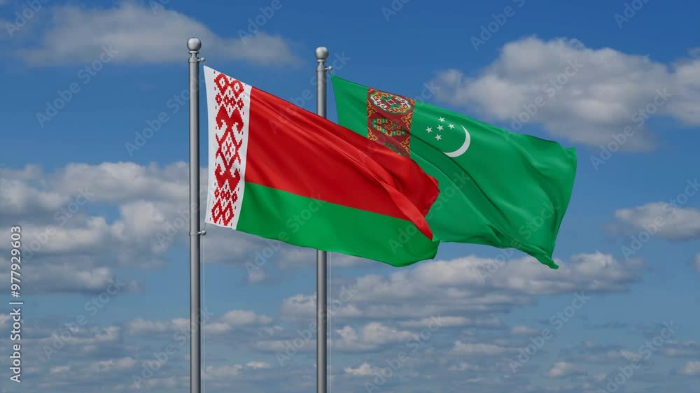 Turkmenistan and Belarus flags flying together, video concept of the relationship, two country cooperation concept Turkmenistan and Belarus flags flying together, video concept of the relationship, two country cooperation concept