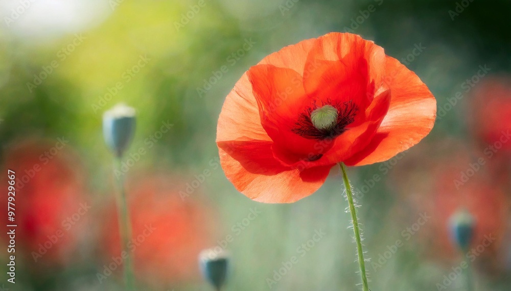 Naklejka premium Isolated poppy flower with depth of field highlighting vibrant red petals for Veterans Day