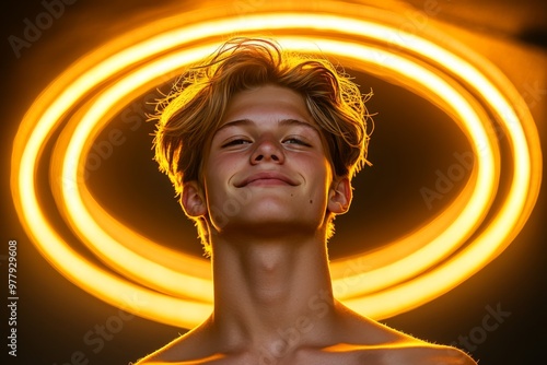 Young man with glowing golden halo symbolizing self confidence enlightenment and radiance in a surreal conceptual environment photo