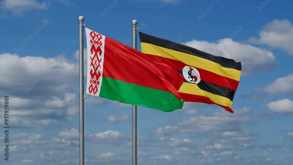 Republic of Uganda and Belarus flags flying together, video concept of the relationship, two country cooperation concept Republic of Uganda and Belarus flags flying together, video concept of the relationship, two country cooperation concept