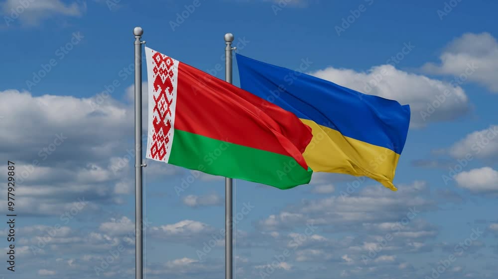 Ukraine and Belarus flags flying together, video concept of the relationship, two country relations concept Ukraine and Belarus flags flying together, video concept of the relationship, two country relations concept