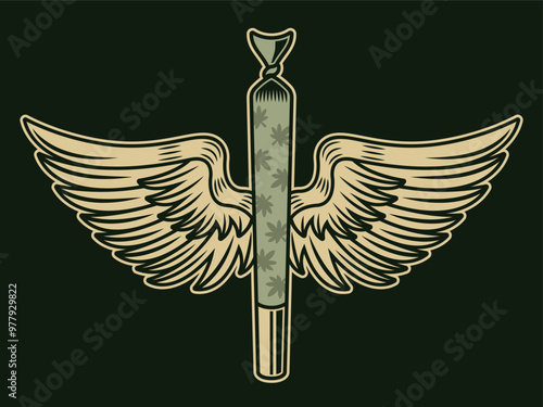 Marijuana rolled joint or cigarette with wings vector colored object or design element on dark background