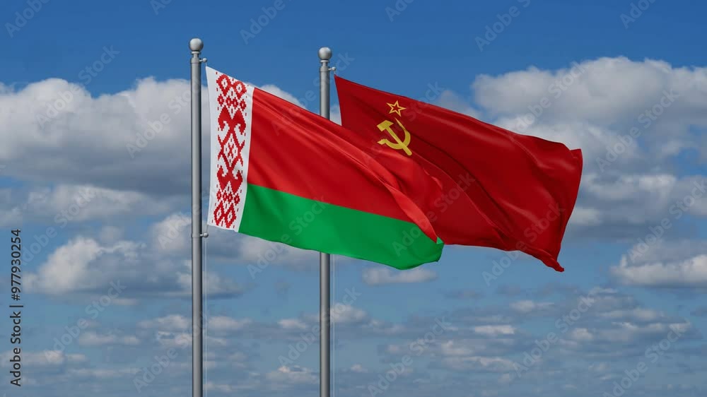 Soviet Union or USSR and Belarus flags flying together, video concept of the relationship, two country cooperation concept Soviet Union or USSR and Belarus flags flying together, video concept of the relationship, two country cooperation concept