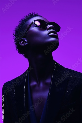 Stylish american afromerican girl in sunglasses poses against a vibrant pink and purple background during a creative photoshoot in an urban setting black girl photo