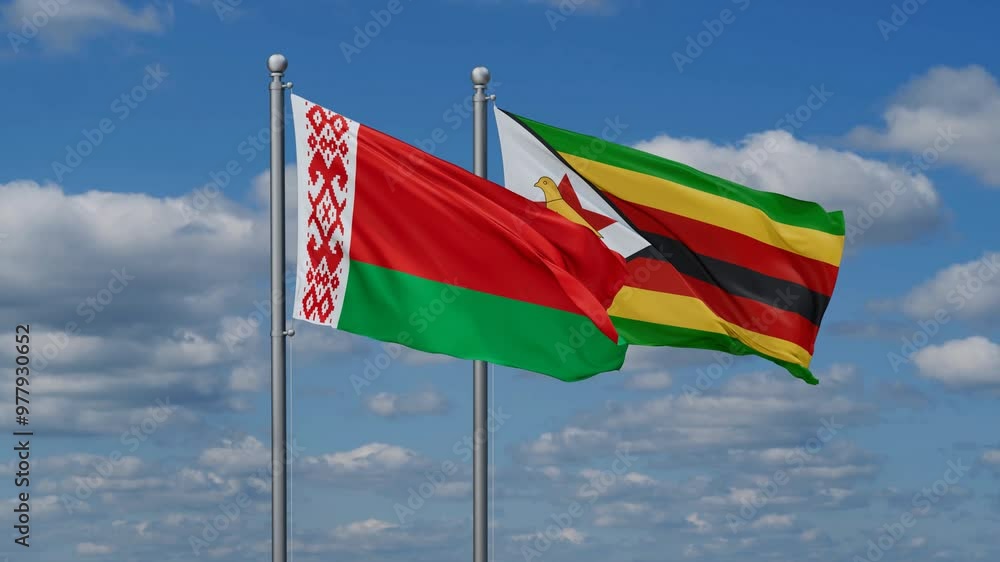 Zimbabwe and Belarus flags flying together, video concept of the relationship, two country cooperation concept Zimbabwe and Belarus flags flying together, video concept of the relationship, two country cooperation concept