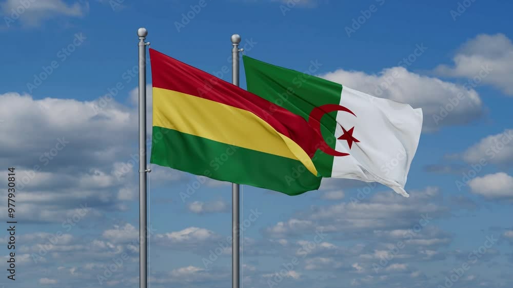 Algeria and Bolivia flags flying together, video concept of the relationship, two country relations concept Algeria and Bolivia flags flying together, video concept of the relationship, two country relations concept