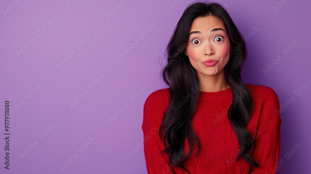 A mid-40s Asian woman with long black hair, wearing a red sweater, expresses surprise against a lavender background A mid-40s Asian woman with long black hair, wearing a red sweater, expresses surprise against a lavender background