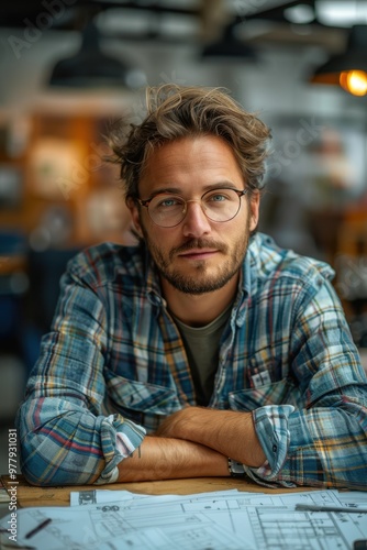 Architect working in office on project . Portrait of a design engineer at work