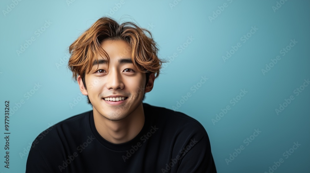 A young Asian man in a black t-shirt laughs joyfully against a pastel blue background, with styled copper-colored hair and space for text on the right A young Asian man in a black t-shirt laughs joyfully against a pastel blue background, with styled copper-colored hair and space for text on the right