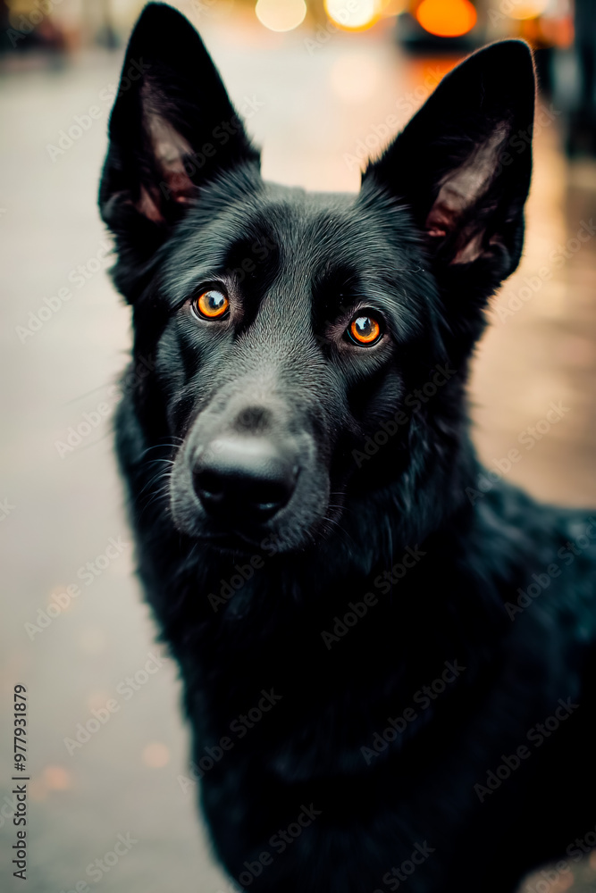 A close-up of a black German Shepherd dog standing on a city street. A close-up of a black German Shepherd dog standing on a city street.