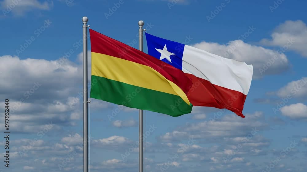 Chile and Bolivia flags flying together, video concept of the relationship, two country relations concept Chile and Bolivia flags flying together, video concept of the relationship, two country relations concept