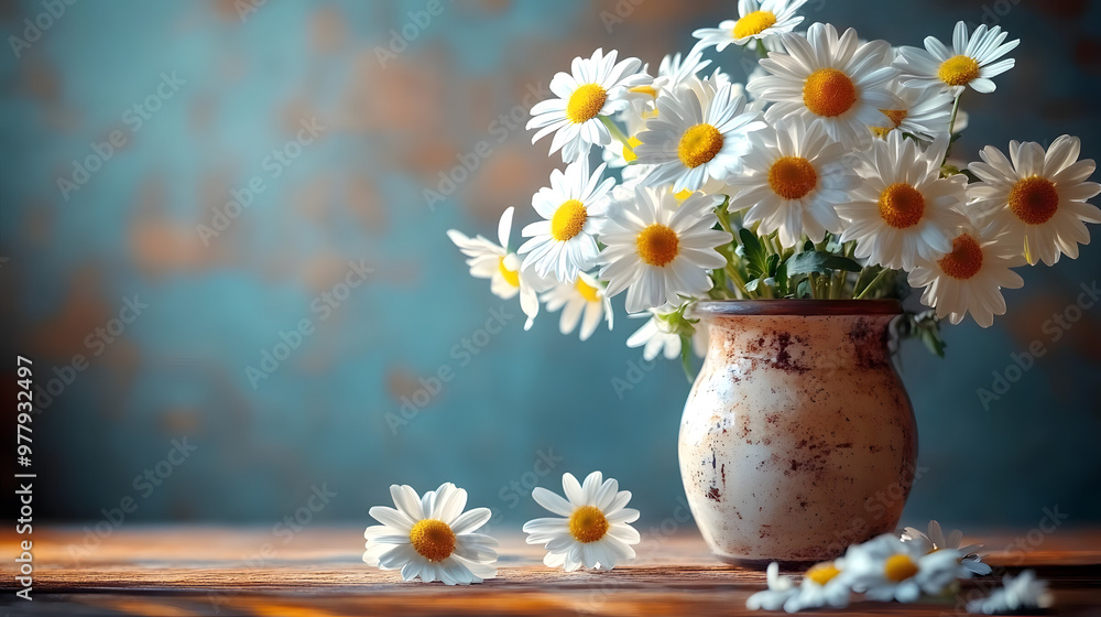 custom made wallpaper toronto digitalA vase with white and yellow daisies on a wooden table has scattered petals