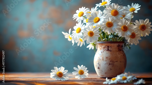 Wallpaper Mural A vase with white and yellow daisies on a wooden table has scattered petals Torontodigital.ca