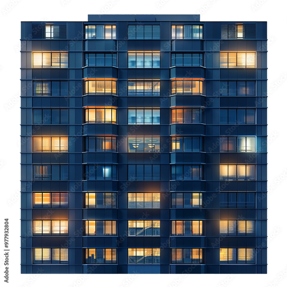 Obraz premium Modern apartment building exterior facade at night showing life inside with glowing windows