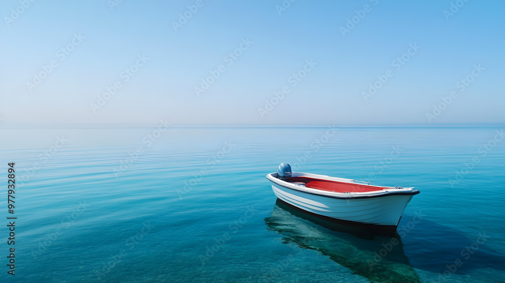 Solitary motorboat on a glassy sea with a distant coastline and clear skies
Solitary motorboat on a glassy sea with a distant coastline and clear skies