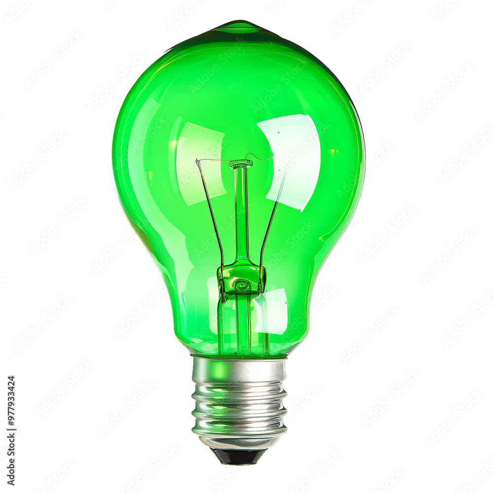 Classic green light bulb is standing on a white background, representing environmental protection Classic green light bulb is standing on a white background, representing environmental protection