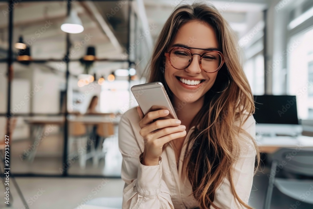 A woman with glasses looks at her cell phone, possibly checking messages or browsing A woman with glasses looks at her cell phone, possibly checking messages or browsing