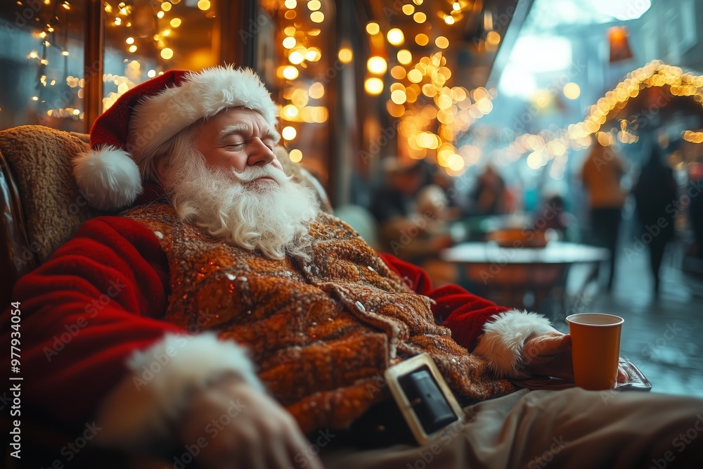 A serene moment featuring Santa Claus taking a break in a cozy outdoor café during the holiday season. A serene moment featuring Santa Claus taking a break in a cozy outdoor café during the holiday season.