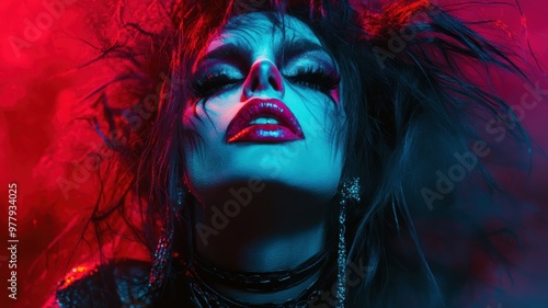 Close-up portrait of a woman with dramatic glitter eye makeup and bold lips, illuminated by vibrant neon lighting.