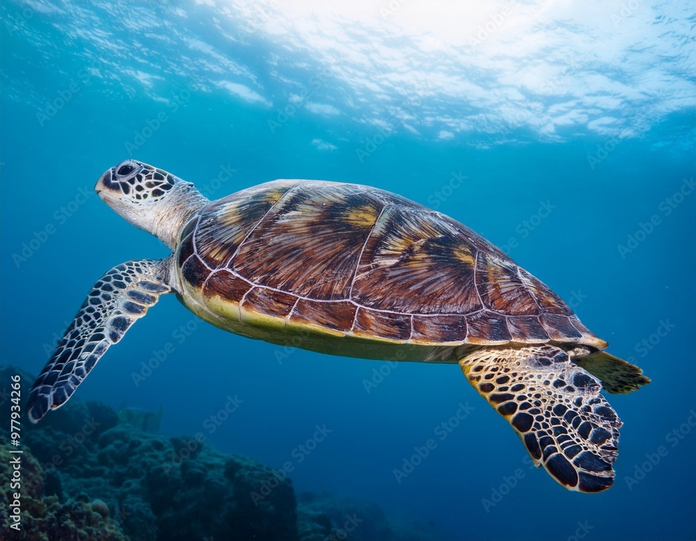 Obraz premium Isolated sea turtle with depth of field capturing textured shell and oceanic grace