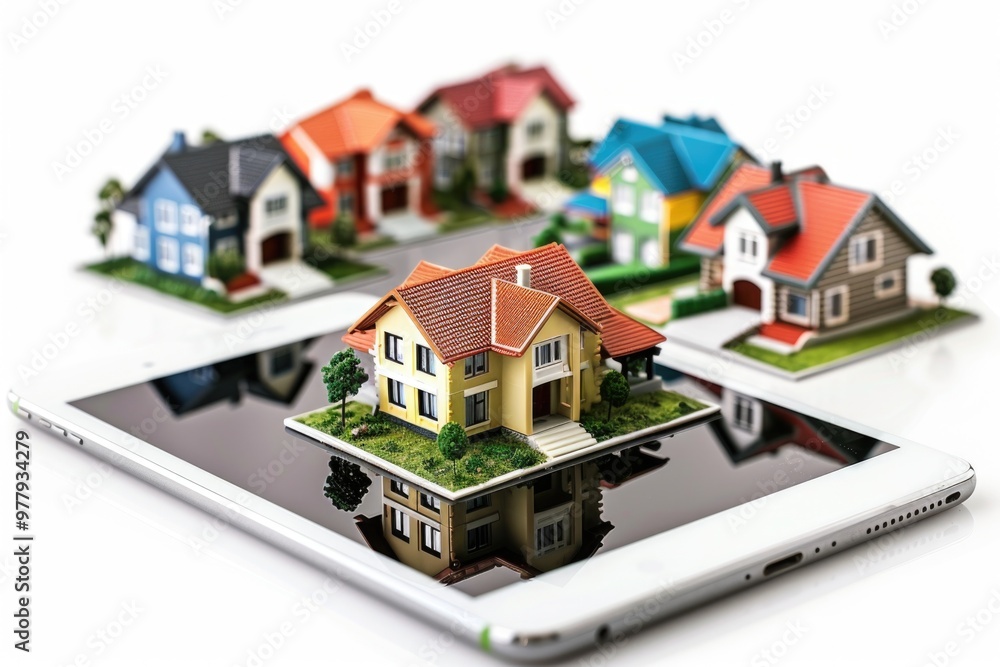 A person holding a cell phone with a 3D house model displayed, potential for real estate or architectural use A person holding a cell phone with a 3D house model displayed, potential for real estate or architectural use