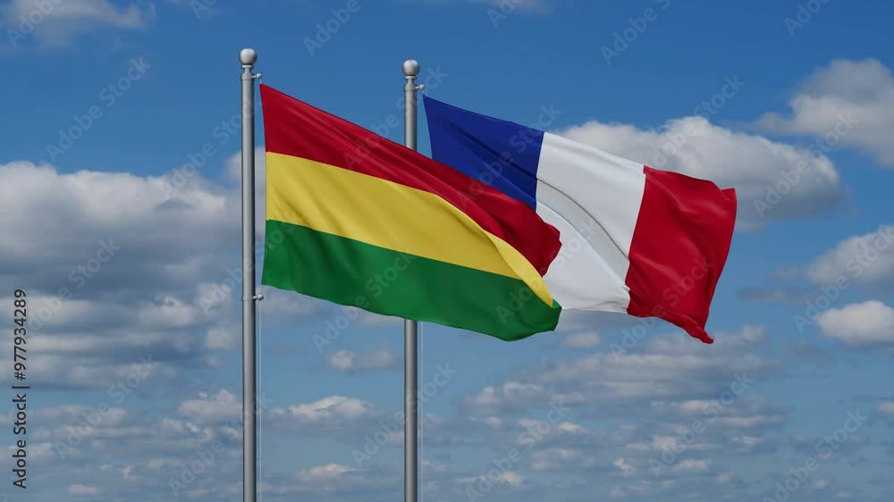 France and Bolivia flags waving together, video concept of the relationship, two country relations concept France and Bolivia flags waving together, video concept of the relationship, two country relations concept