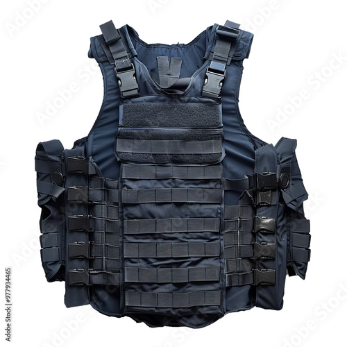 Modern tactical bulletproof vest with pouches isolated on white background