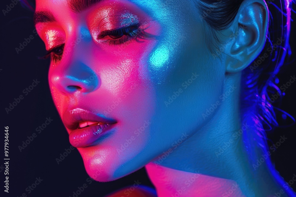 A close-up shot of a woman's face featuring vibrant neon makeup