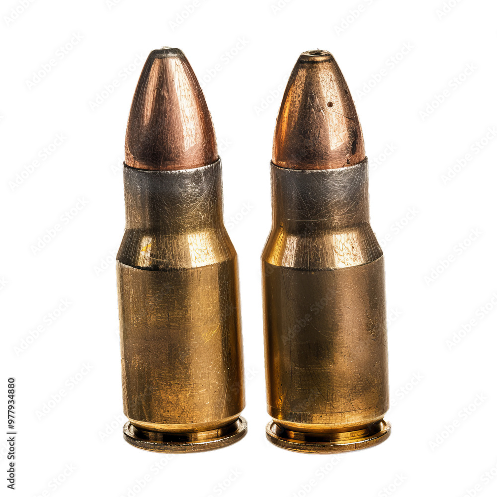 Two 9mm bullets are standing upright on a white background Two 9mm bullets are standing upright on a white background