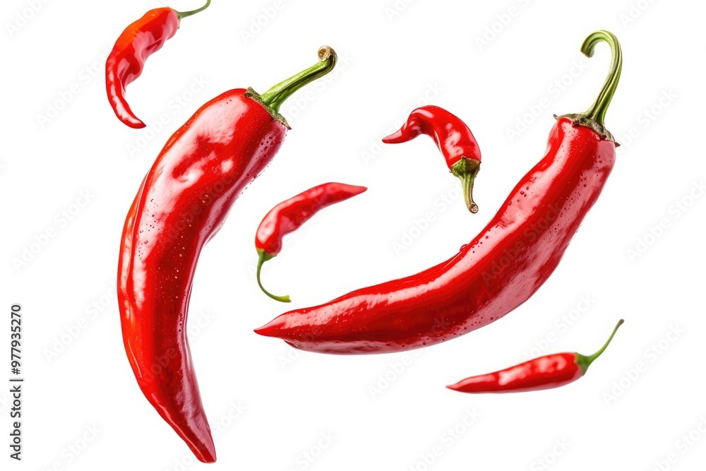 A cluster of red hot peppers arranged on a clean white surface A cluster of red hot peppers arranged on a clean white surface