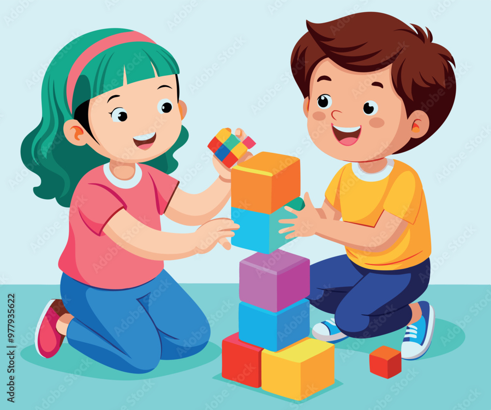 Happy children playing and building with blocks Happy children playing and building with blocks