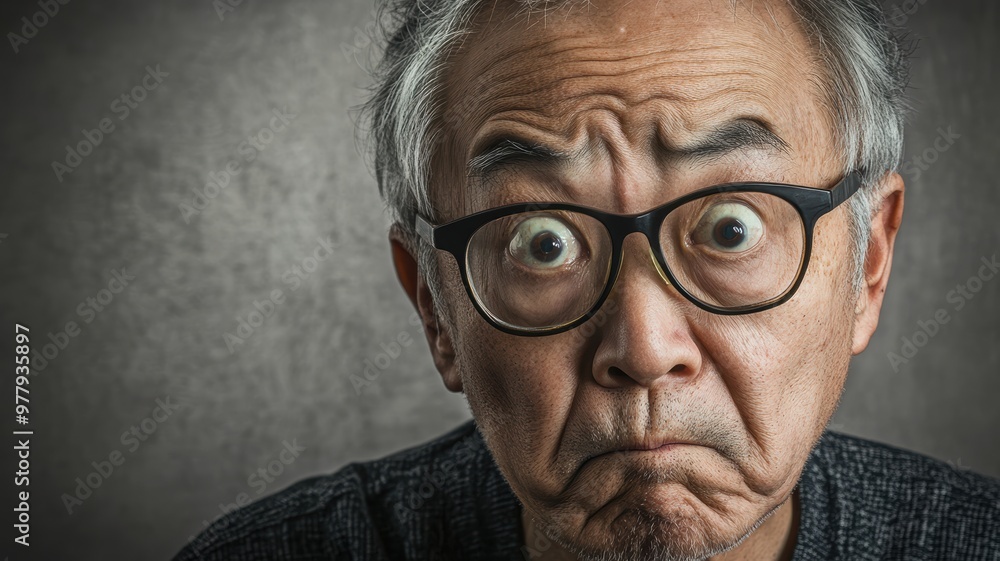 Portrait of an elderly Asian man wearing glasses with a deeply confused expression, set against a soft gray background with gentle lighting. Portrait of an elderly Asian man wearing glasses with a deeply confused expression, set against a soft gray background with gentle lighting.