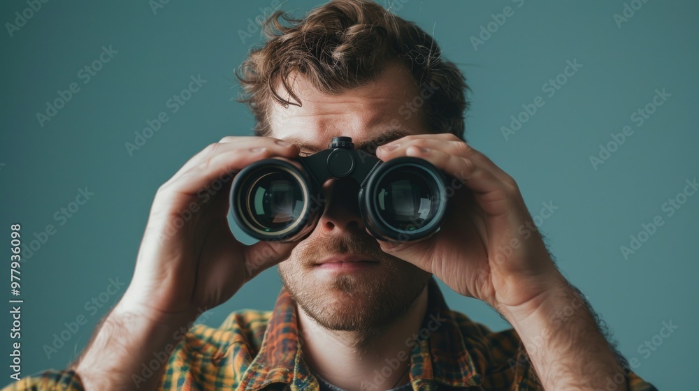 A person observing with binoculars, great for outdoor activities or nature scenes A person observing with binoculars, great for outdoor activities or nature scenes