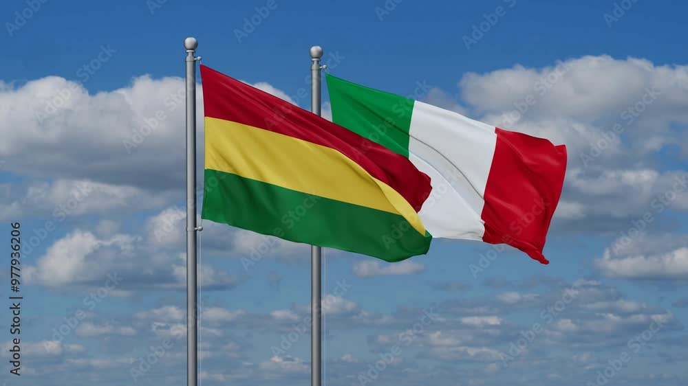 Italy and Bolivia flags flying together, video concept of the relationship, two country cooperation concept Italy and Bolivia flags flying together, video concept of the relationship, two country cooperation concept