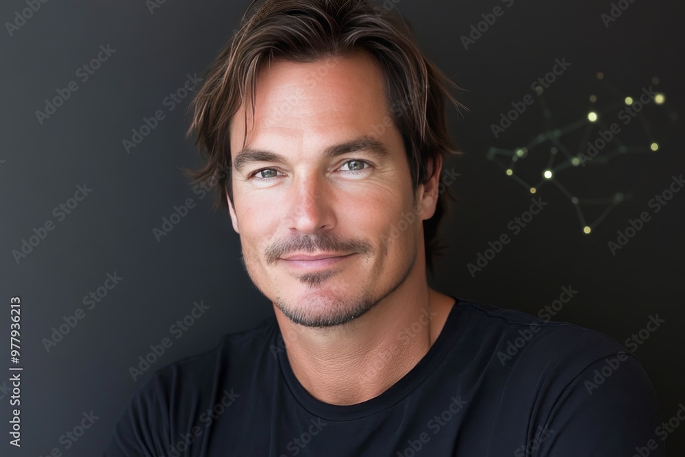 Obraz premium Handsome man in dark attire with futuristic neural patterns surrounding him highlighting cognitive intelligence data driven thinking and scientific curiosity in technology