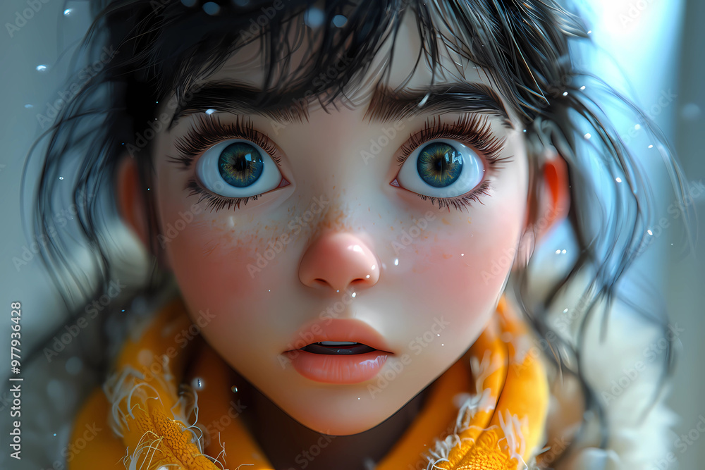 3D cartoon style, a young girl is depicted with exaggerated features ...