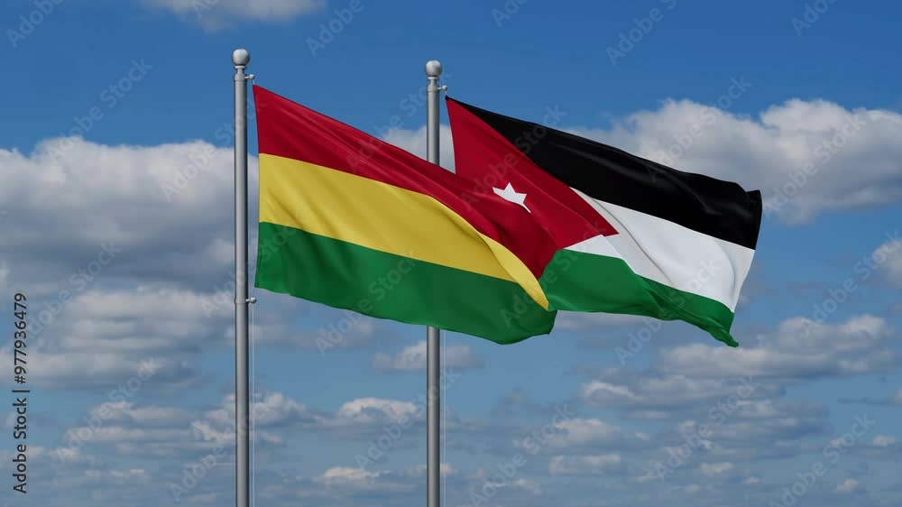 Jordan and Bolivia flags flying together, video concept of the relationship, two country relations concept Jordan and Bolivia flags flying together, video concept of the relationship, two country relations concept