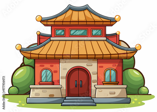 cartoon vector illustration of chinese house with grass and green field, white isolated background, temple