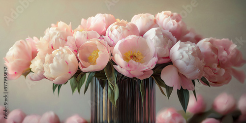 Floral arrangement of pink peonies, showcasing delicate petals and soft hues, in a glass vase, refined decor concept