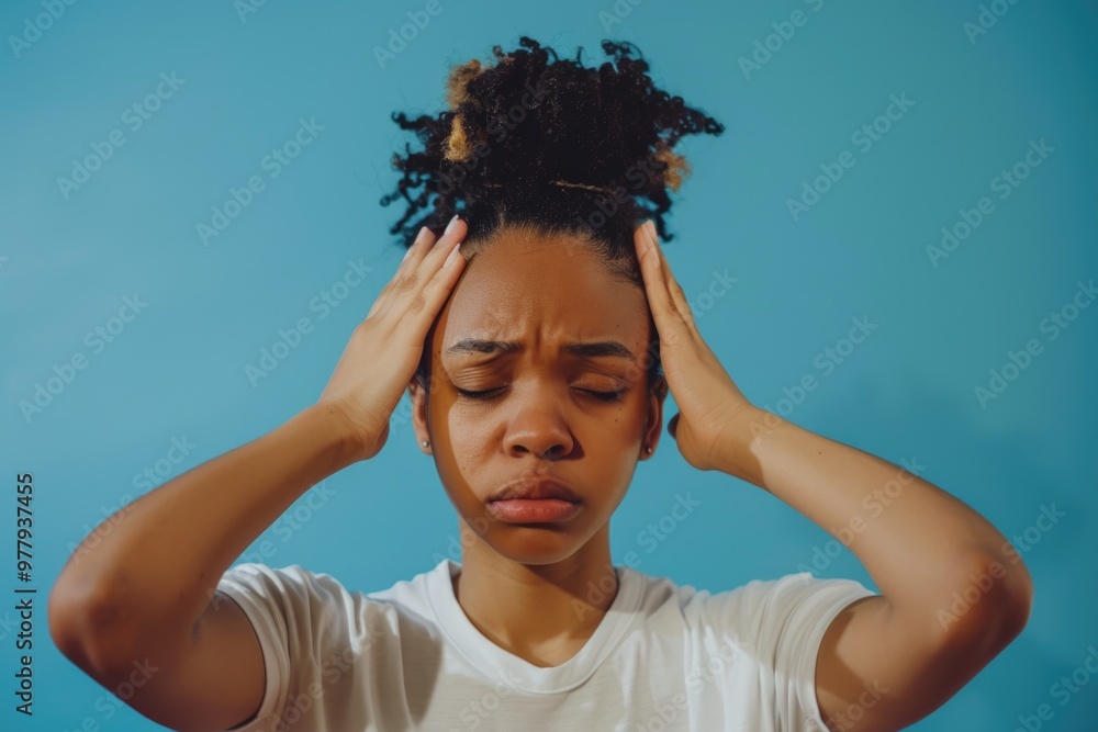 A woman covering her face and hair with her hands, possibly indicating distress or frustration A woman covering her face and hair with her hands, possibly indicating distress or frustration