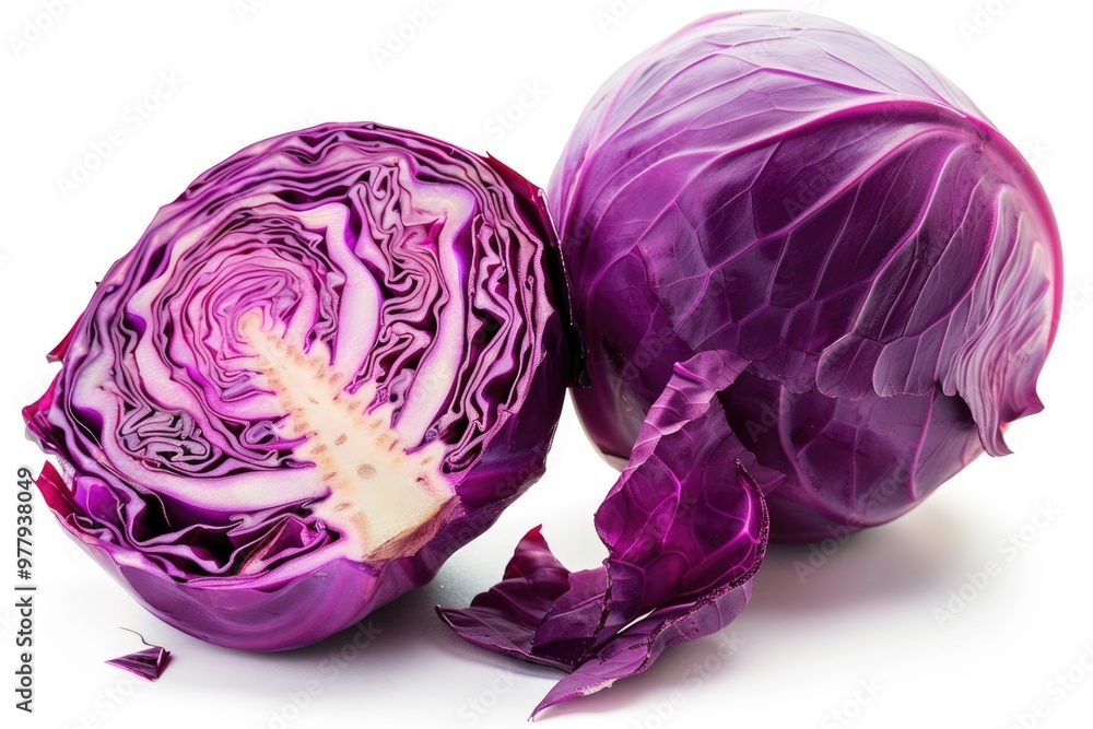 Freshly cut purple cabbage on a white surface, ideal for food styling and photography Freshly cut purple cabbage on a white surface, ideal for food styling and photography