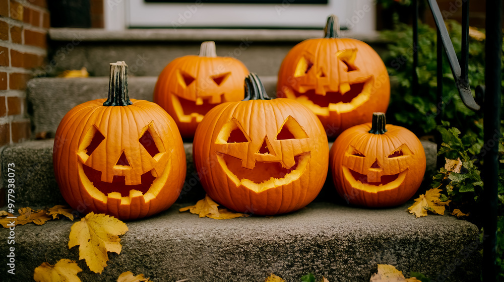 Fototapeta premium A group of carved pumpkins sitting on the steps of a house.
