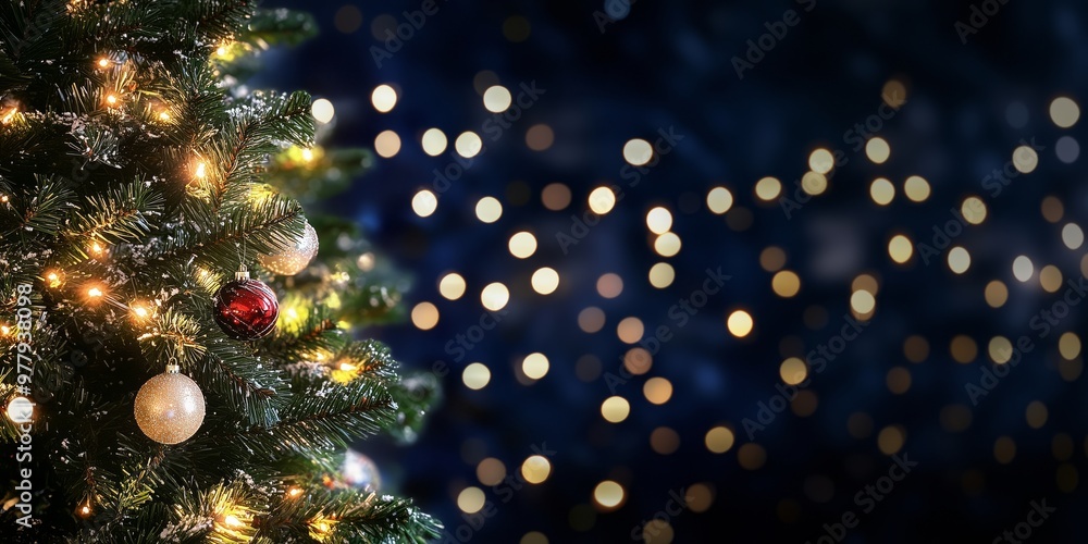 Christmas and New Year holidays background with christmas tree. Bokeh, blurred blue background. Free space for text. light garlands, Christmas tree decorations Christmas and New Year holidays background with christmas tree. Bokeh, blurred blue background. Free space for text. light garlands, Christmas tree decorations