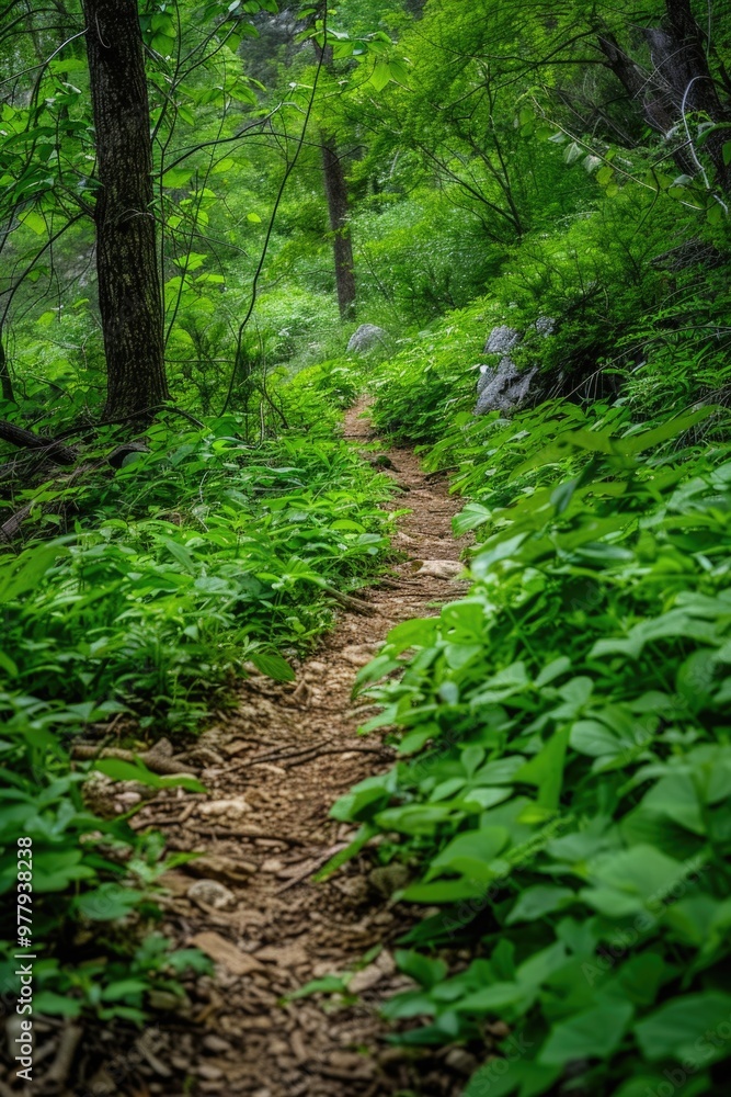 A winding dirt path surrounded by dense foliage and trees in a vibrant green forest A winding dirt path surrounded by dense foliage and trees in a vibrant green forest