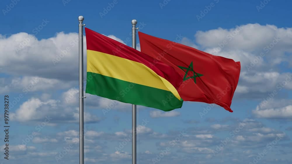 Morocco and Bolivia flags flying together, video concept of the relationship, two country relations concept Morocco and Bolivia flags flying together, video concept of the relationship, two country relations concept
