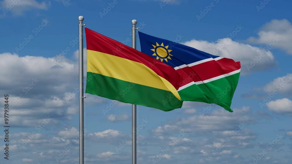 Bolivia and Namibia flags flying together, video concept of the relationship, two country relations concept Bolivia and Namibia flags flying together, video concept of the relationship, two country relations concept