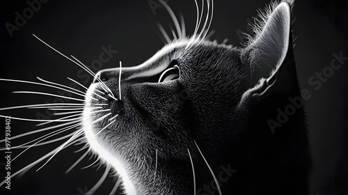 A monochrome image depicts a feline's visage with extended whiskers adorning its head