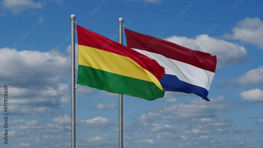Netherlands and Bolivia flags flying together, video concept of the relationship, two country relations concept Netherlands and Bolivia flags flying together, video concept of the relationship, two country relations concept