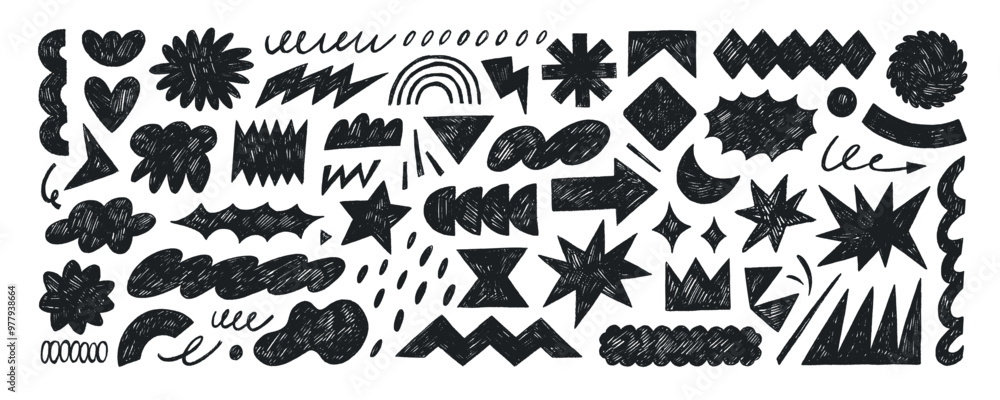 Funky abstract geometric shapes and figures drawn by crayon. Doodle modern figures, stars, arch, cloud, squiggle, arrow and other primitive elements. Contemporary naive Swiss design aesthetic. Funky abstract geometric shapes and figures drawn by crayon. Doodle modern figures, stars, arch, cloud, squiggle, arrow and other primitive elements. Contemporary naive Swiss design aesthetic.