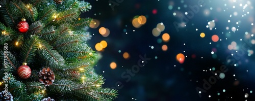 Christmas and New Year holidays background with christmas tree. Bokeh, blurred blue background. Free space for text. light garlands, Christmas tree decorations